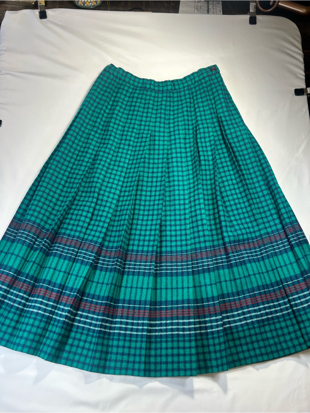Pendleton teal Plaid A-Line Midi Skirt - Classic Pleated Style virgin wool